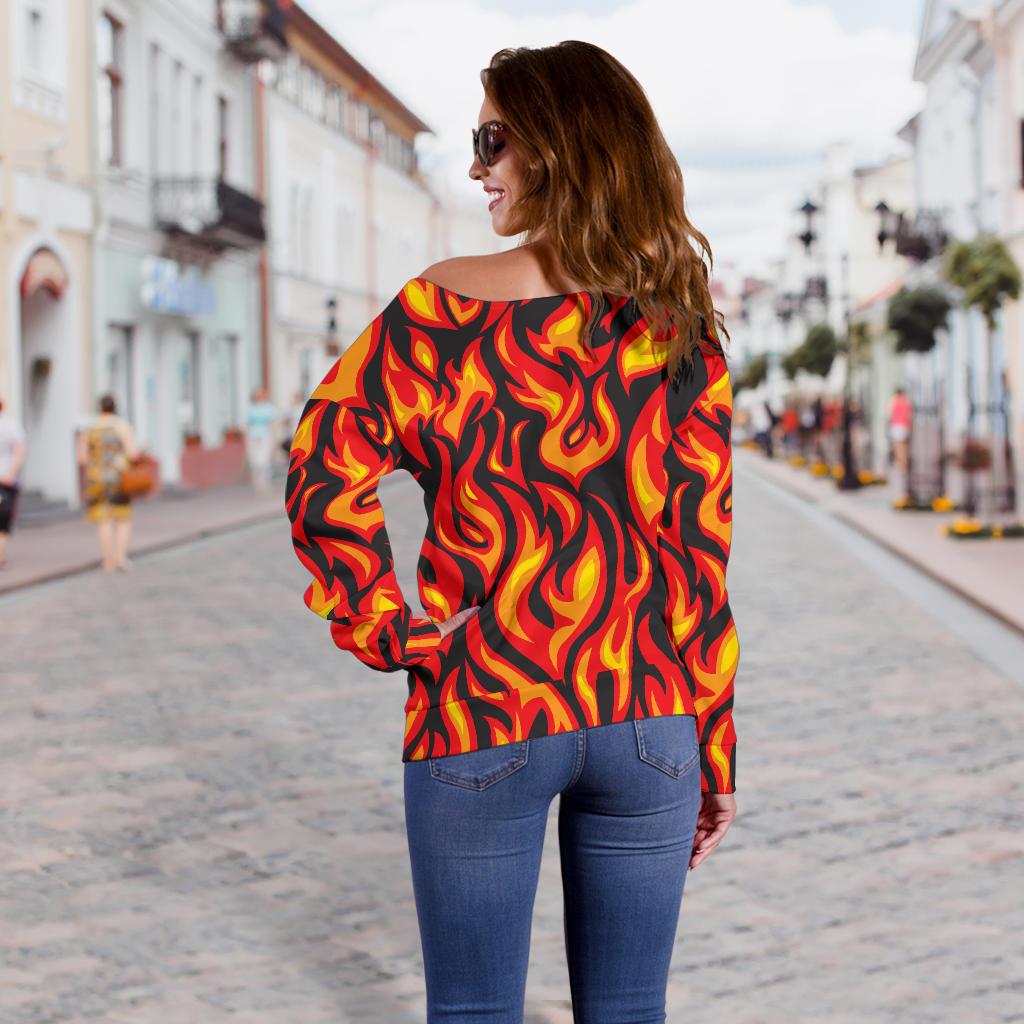 Flame Fire Print Pattern Off Shoulder Sweatshirt