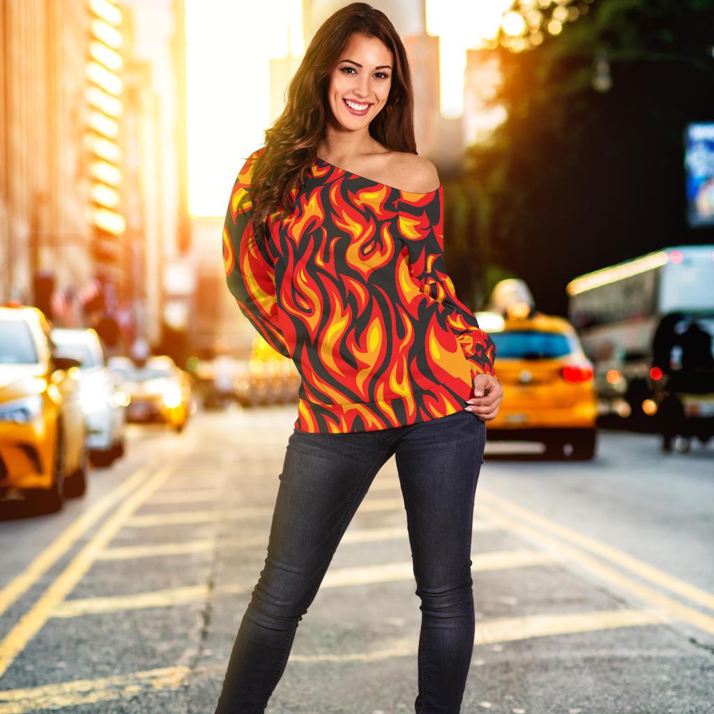Flame Fire Print Pattern Off Shoulder Sweatshirt
