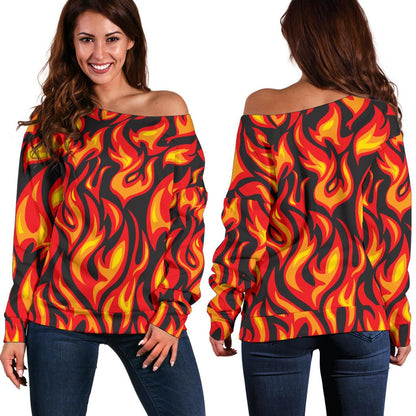 Flame Fire Print Pattern Off Shoulder Sweatshirt