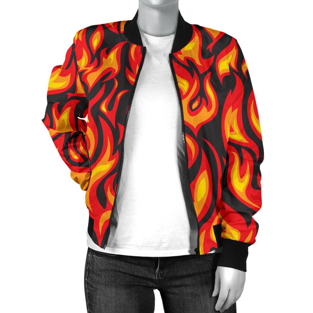 Flame Fire Print Pattern Women Casual Bomber Jacket