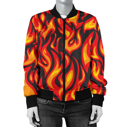 Flame Fire Print Pattern Women Casual Bomber Jacket