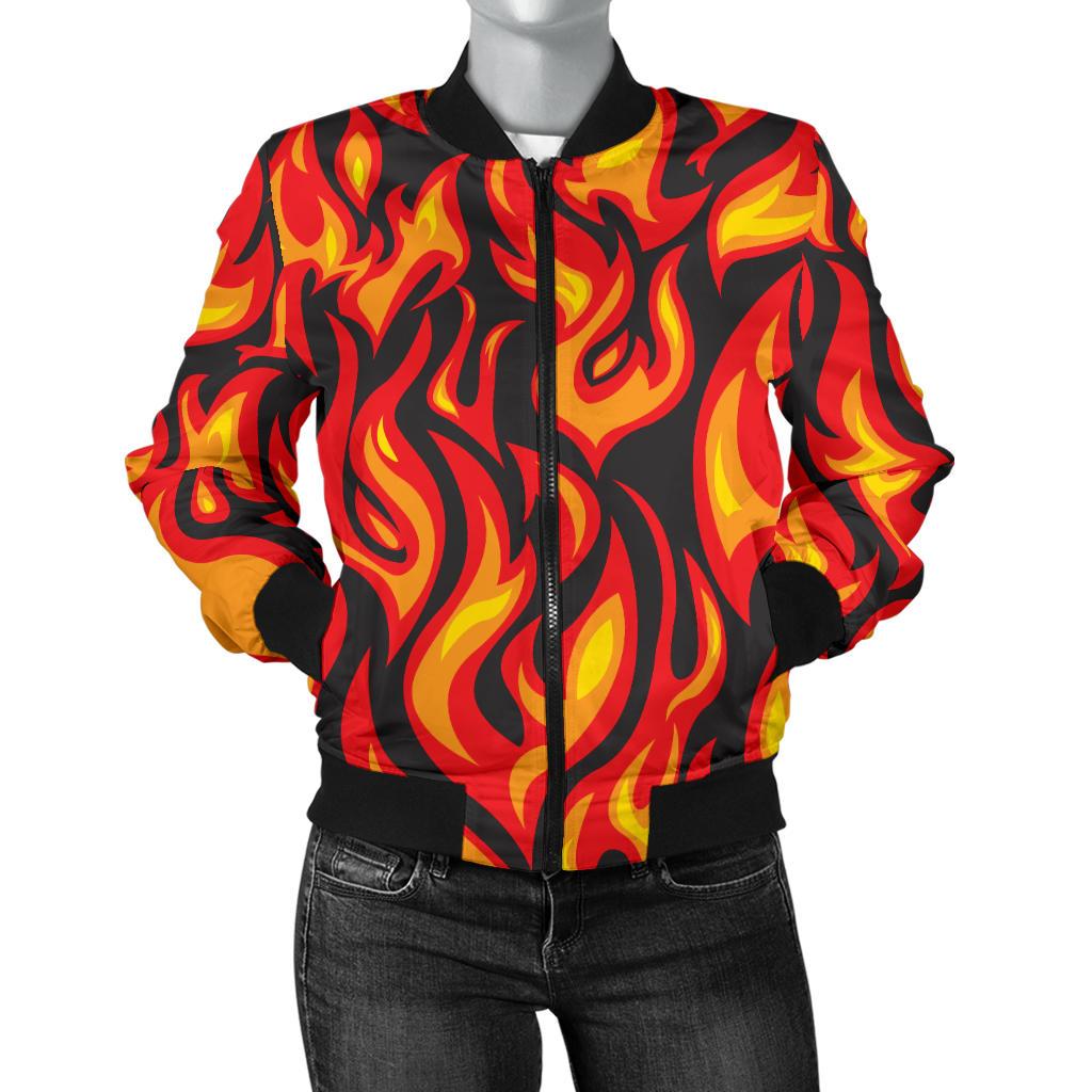 Flame Fire Print Pattern Women Casual Bomber Jacket