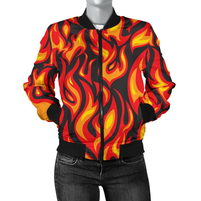 Flame Fire Print Pattern Women Casual Bomber Jacket