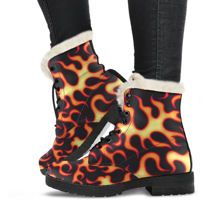 Flame Fire Themed Print Faux Fur Leather Boots-JTAMIGO.COM