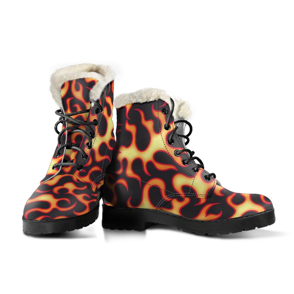 Flame Fire Themed Print Faux Fur Leather Boots-JTAMIGO.COM