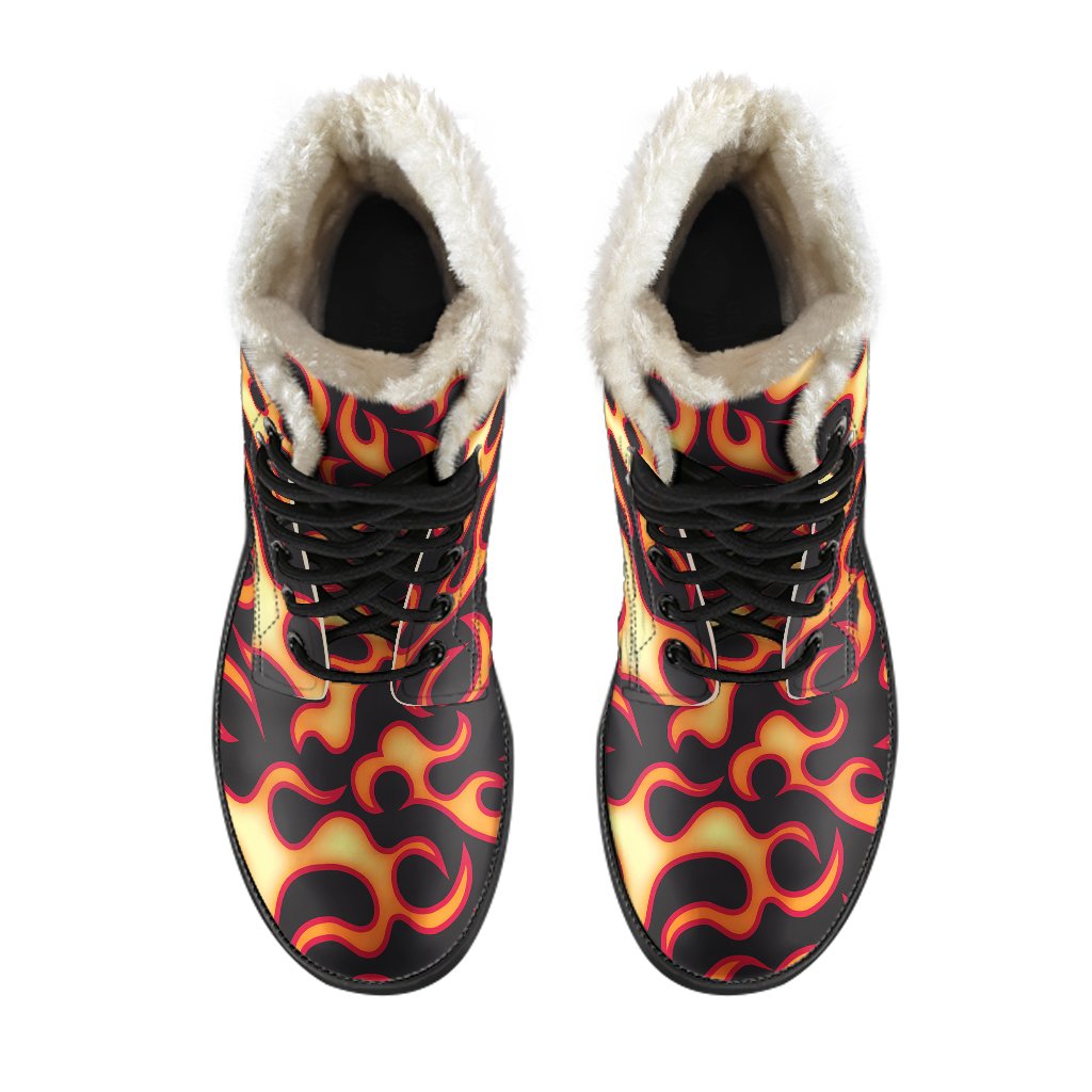 Flame Fire Themed Print Faux Fur Leather Boots-JTAMIGO.COM