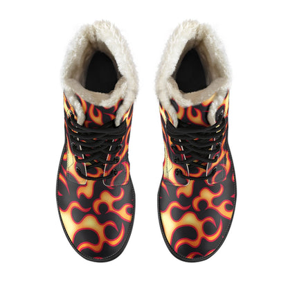 Flame Fire Themed Print Faux Fur Leather Boots-JTAMIGO.COM