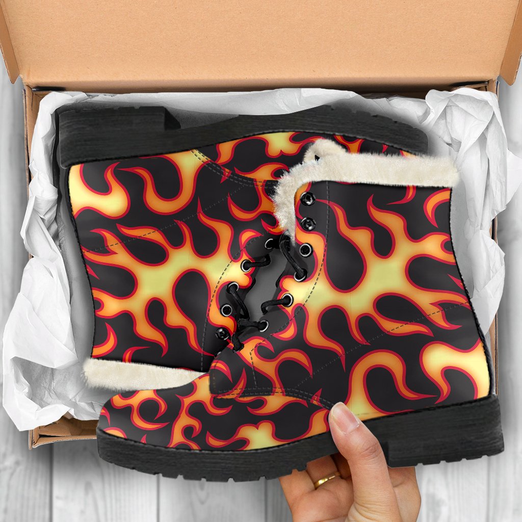Flame Fire Themed Print Faux Fur Leather Boots-JTAMIGO.COM