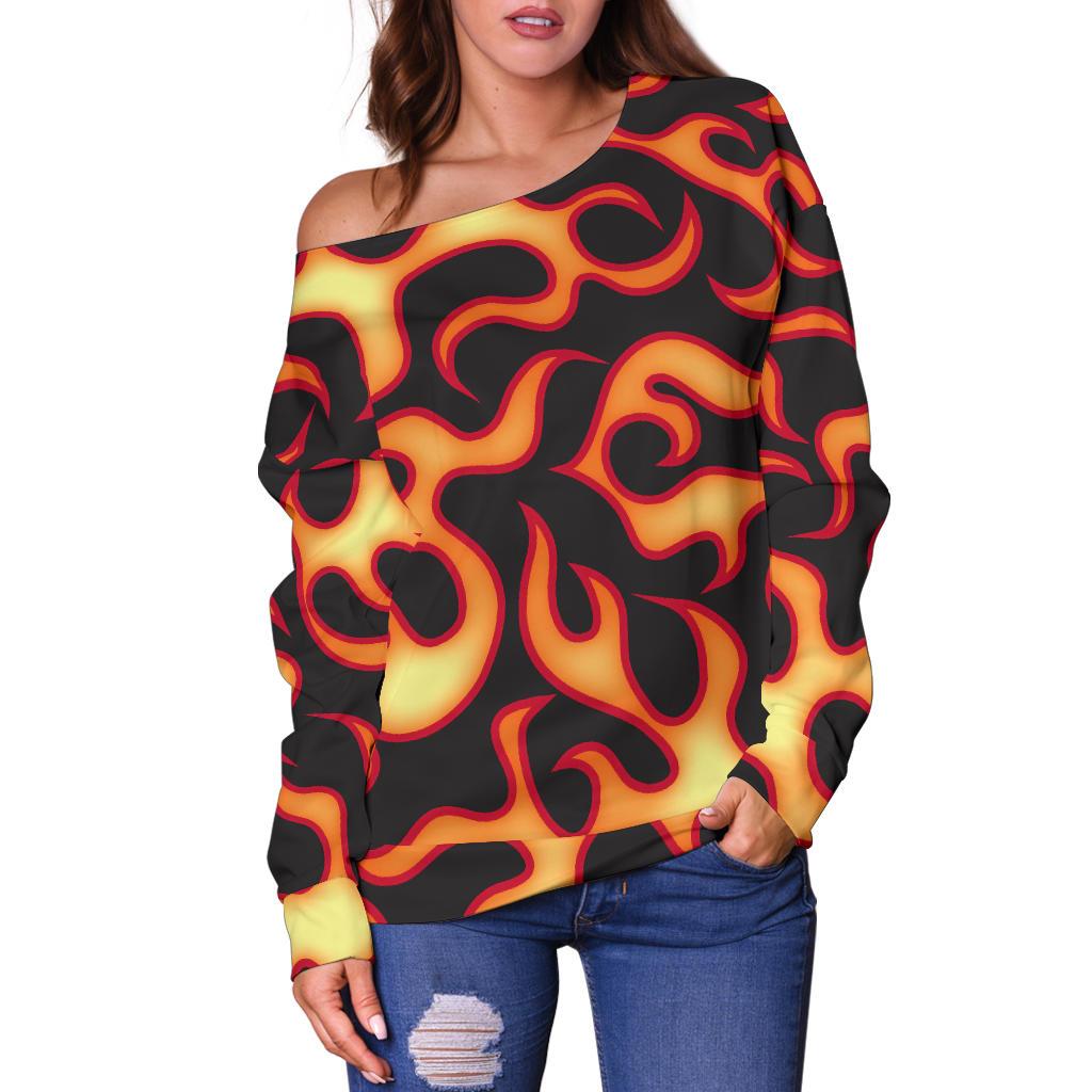 Flame Fire Themed Print Off Shoulder Sweatshirt