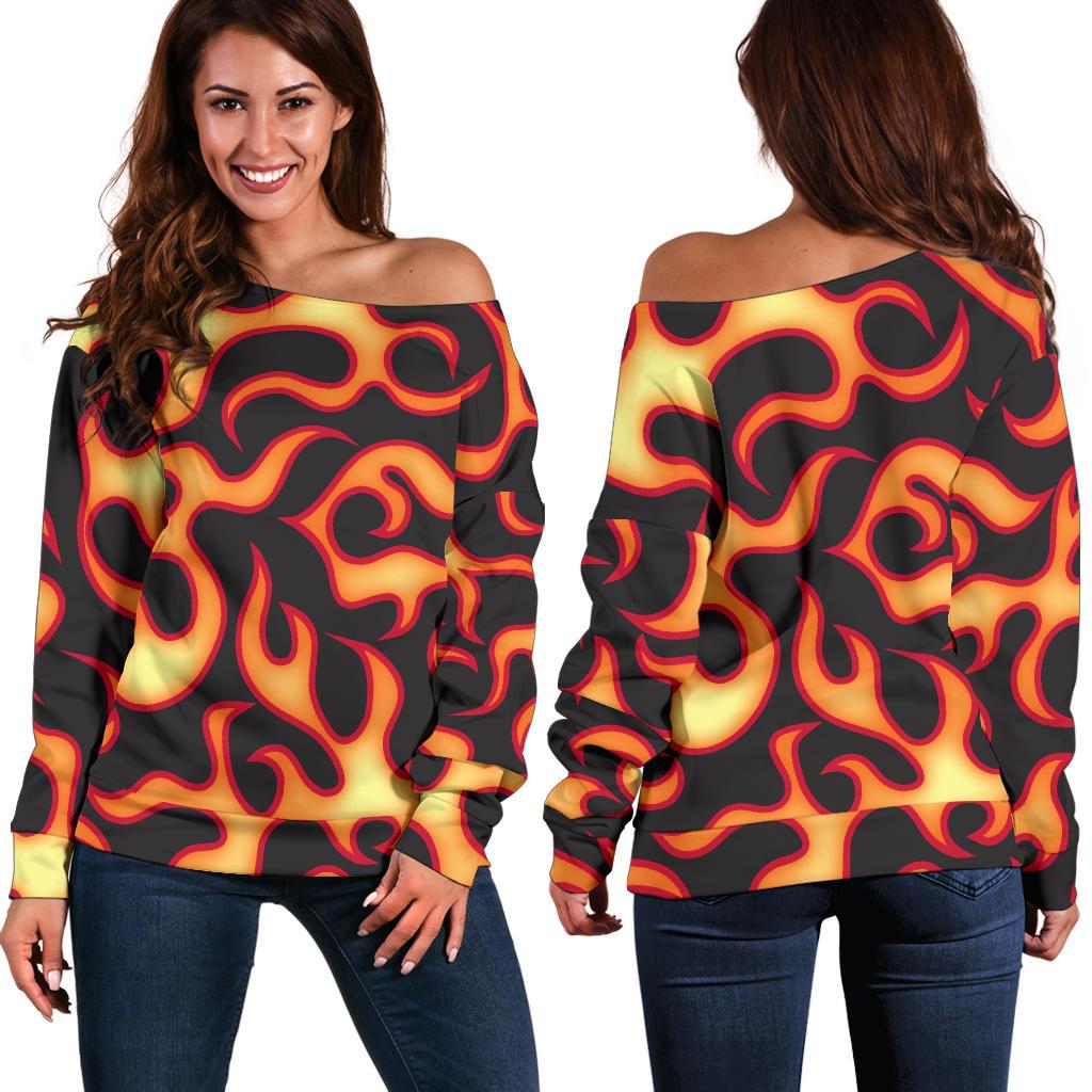 Flame Fire Themed Print Off Shoulder Sweatshirt