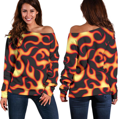 Flame Fire Themed Print Off Shoulder Sweatshirt