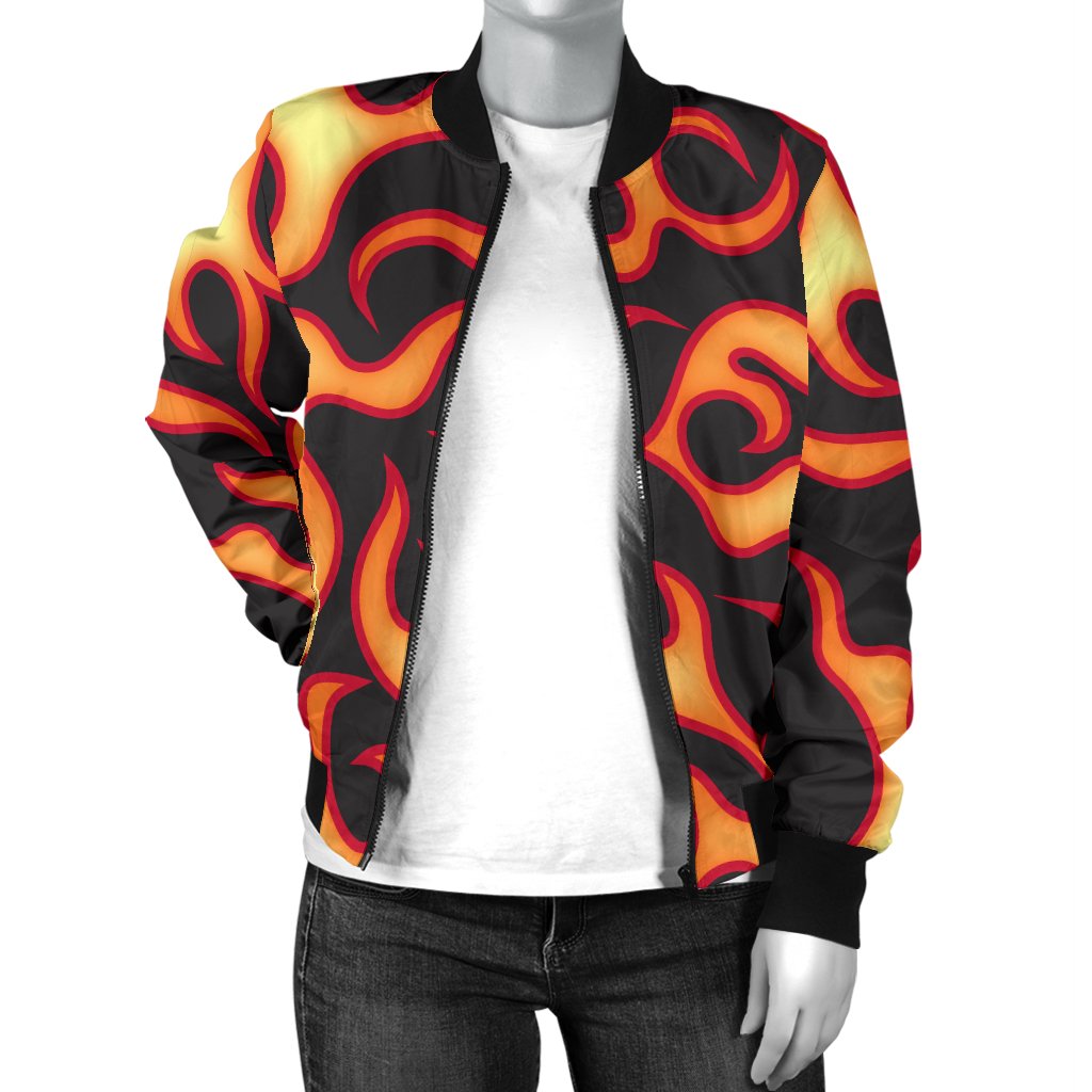 Flame Fire Themed Print Women Casual Bomber Jacket