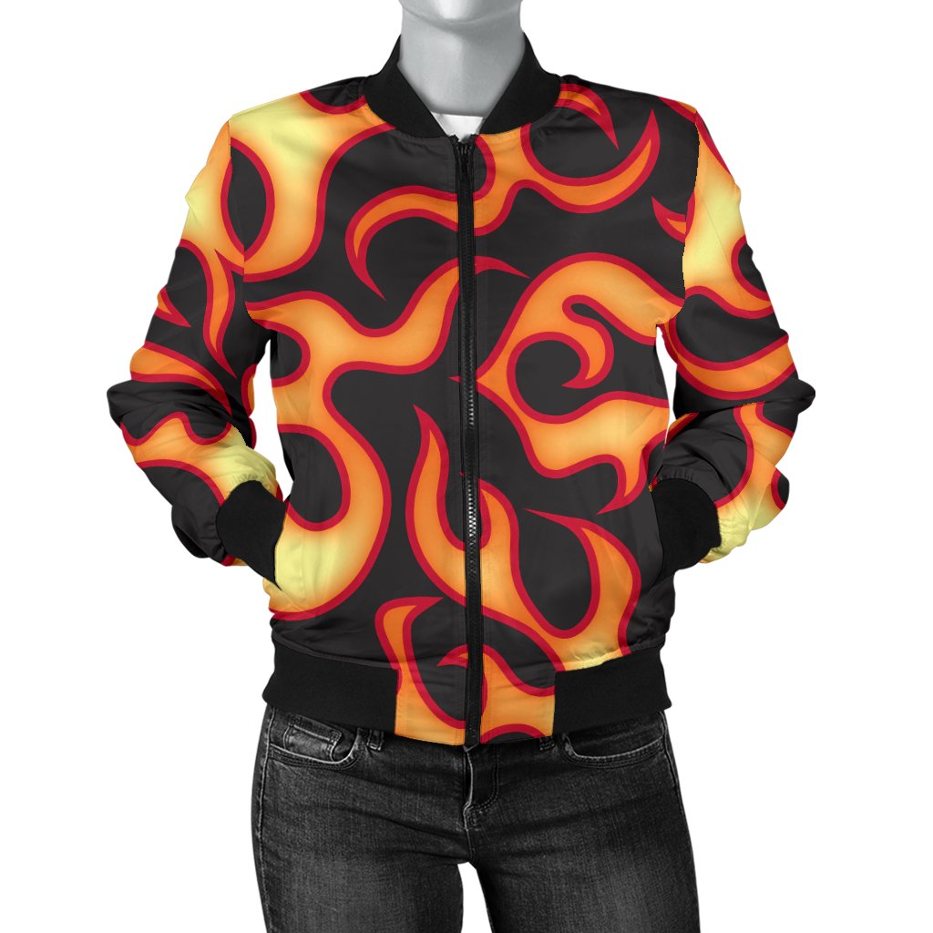Flame Fire Themed Print Women Casual Bomber Jacket