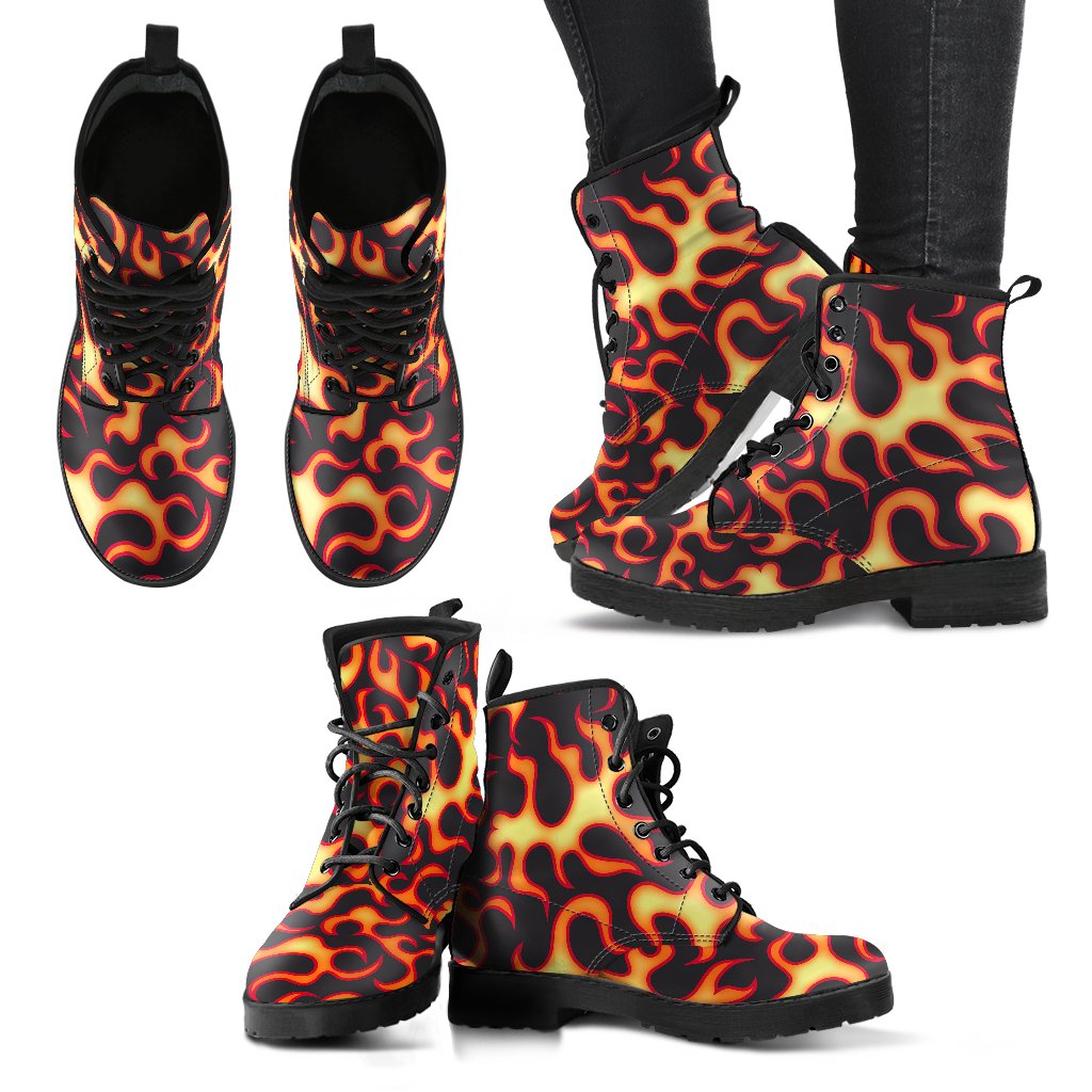 Flame Fire Themed Print Women Leather Boots-JTAMIGO.COM