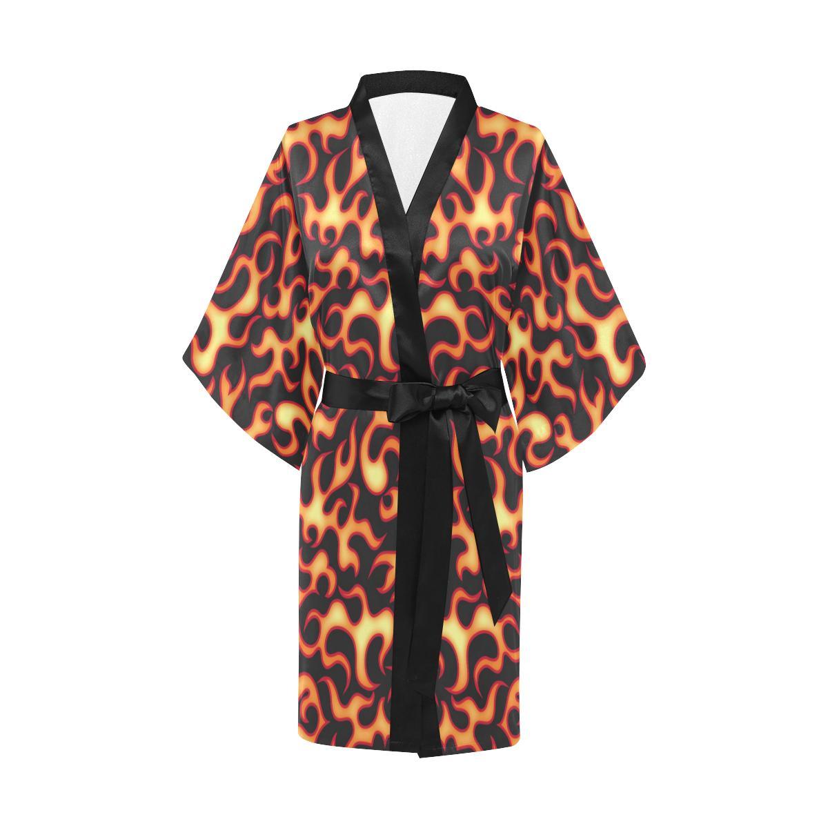 Flame Fire Themed Print Women Short Kimono Robe