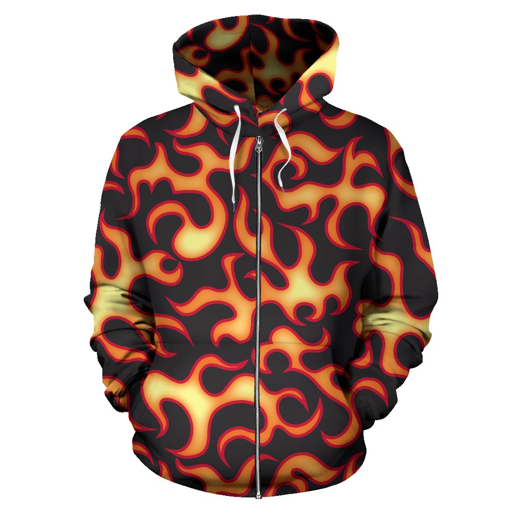 Flame Fire Themed Print Zip Up Hoodie
