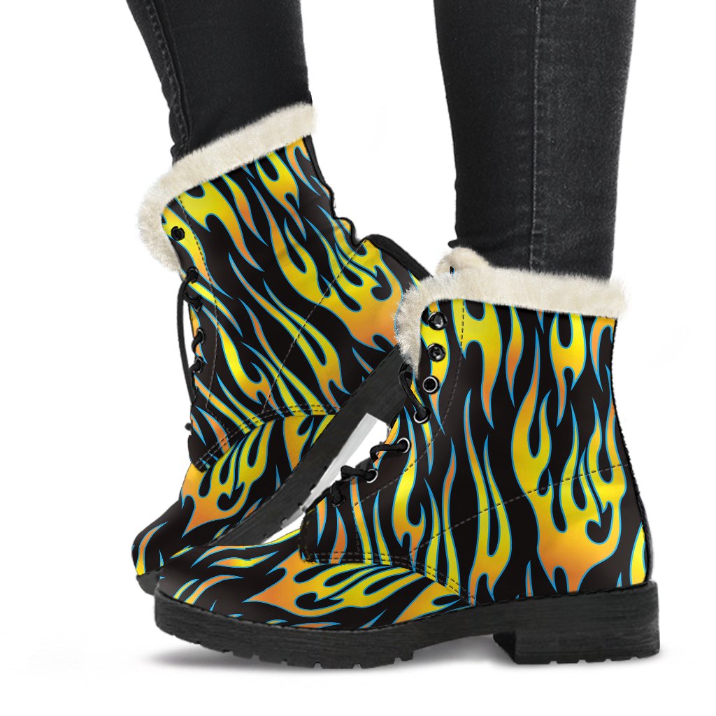 Flame Fire Yellow Pattern Faux Fur Leather Boots-JTAMIGO.COM