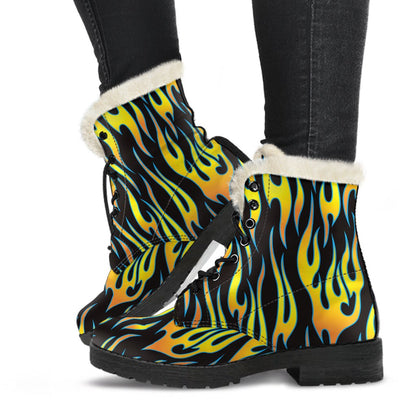 Flame Fire Yellow Pattern Faux Fur Leather Boots-JTAMIGO.COM