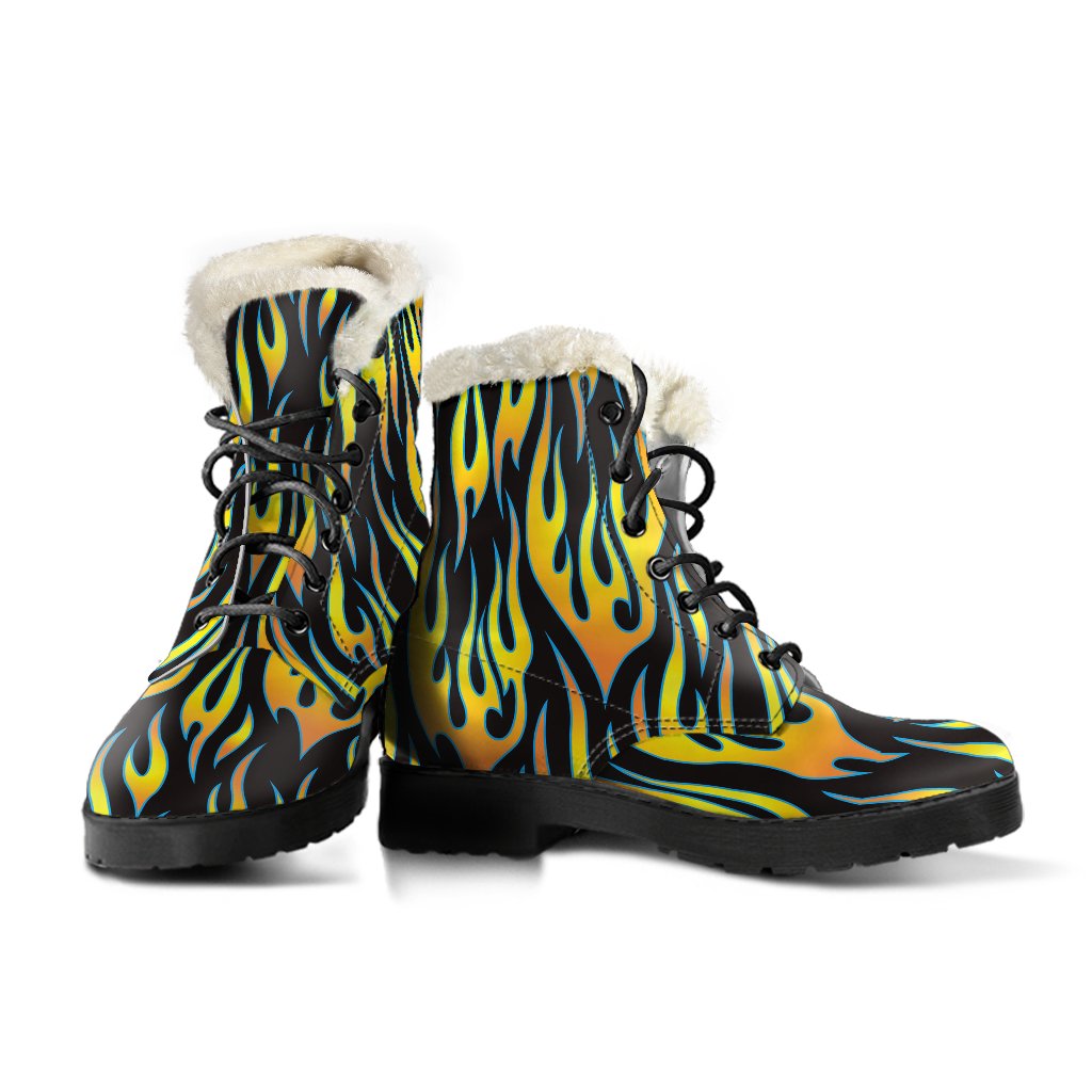 Flame Fire Yellow Pattern Faux Fur Leather Boots-JTAMIGO.COM