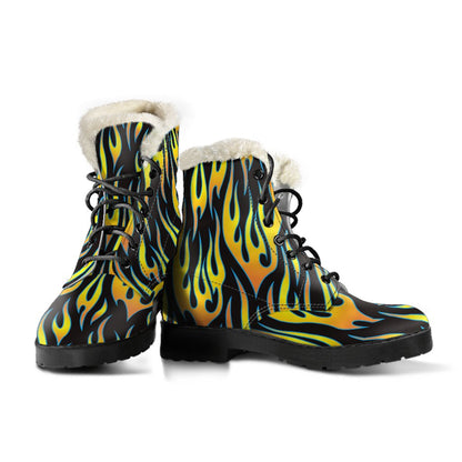 Flame Fire Yellow Pattern Faux Fur Leather Boots-JTAMIGO.COM