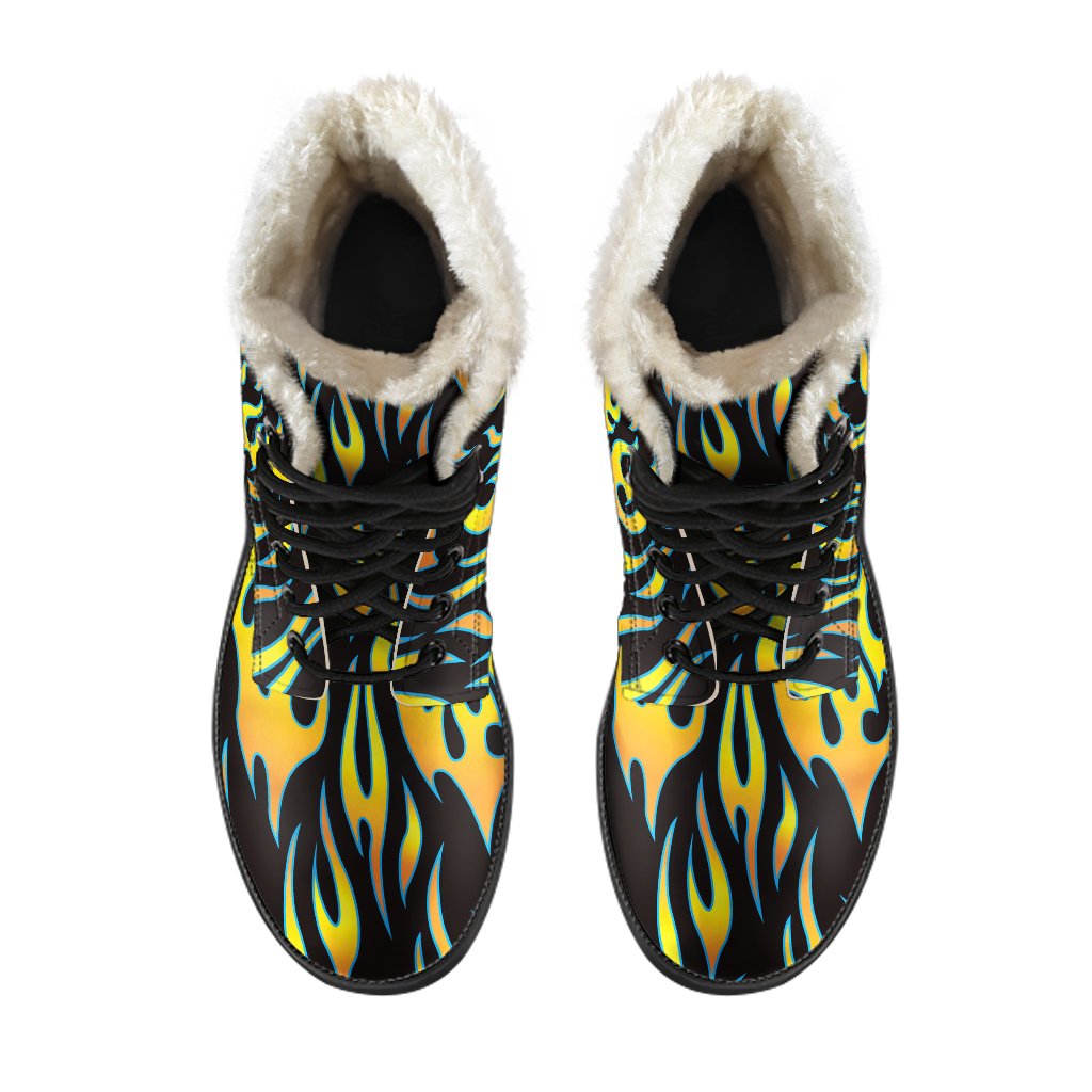 Flame Fire Yellow Pattern Faux Fur Leather Boots-JTAMIGO.COM