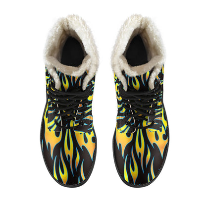 Flame Fire Yellow Pattern Faux Fur Leather Boots-JTAMIGO.COM
