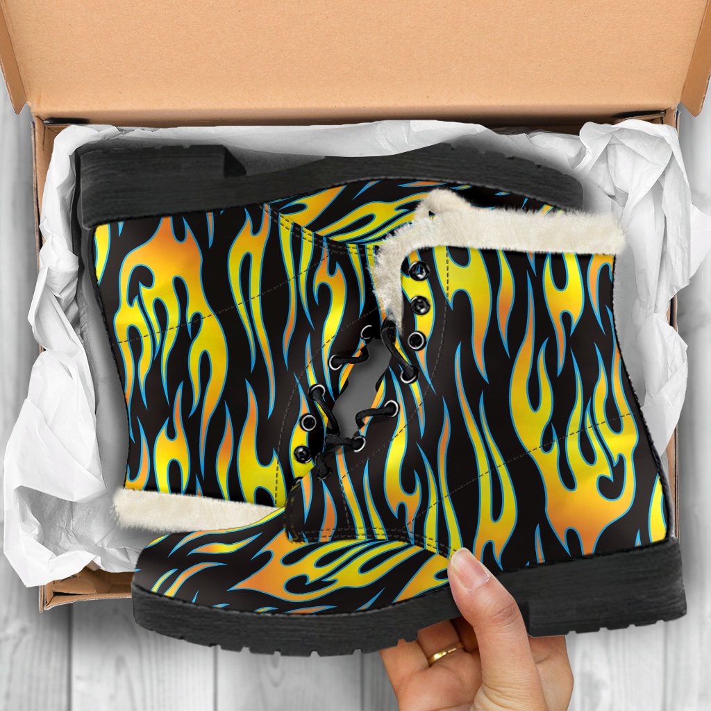 Flame Fire Yellow Pattern Faux Fur Leather Boots-JTAMIGO.COM