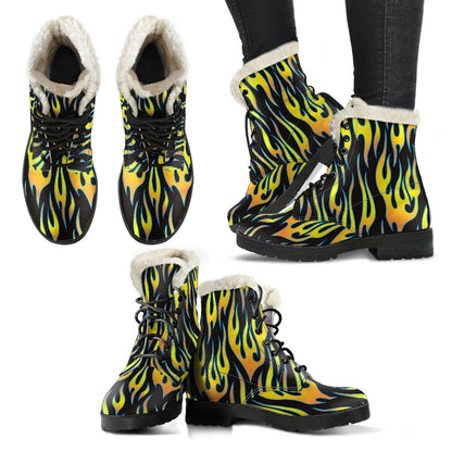 Flame Fire Yellow Pattern Faux Fur Leather Boots-JTAMIGO.COM