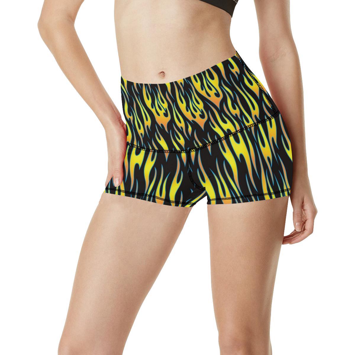 Flame Fire Yellow Pattern High Waisted Spandex Shorts-JTAMIGO.COM