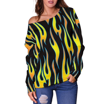 Flame Fire Yellow Pattern Off Shoulder Sweatshirt