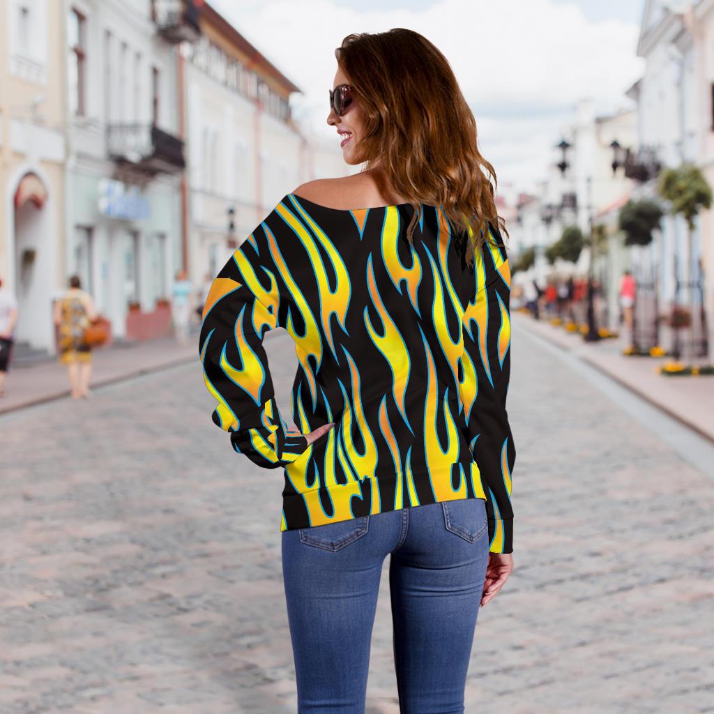 Flame Fire Yellow Pattern Off Shoulder Sweatshirt