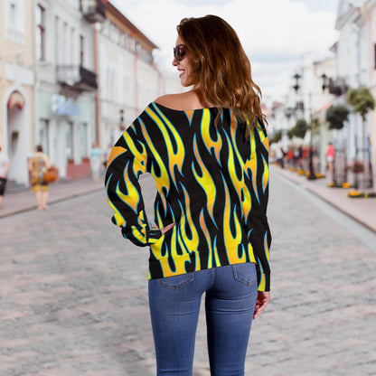 Flame Fire Yellow Pattern Off Shoulder Sweatshirt