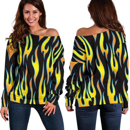 Flame Fire Yellow Pattern Off Shoulder Sweatshirt
