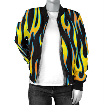Flame Fire Yellow Pattern Women Casual Bomber Jacket