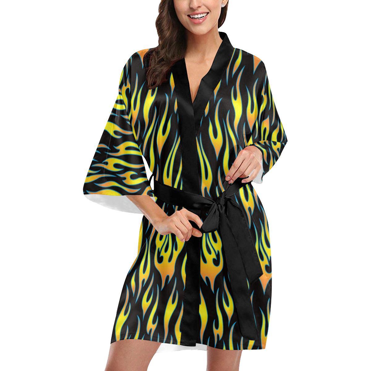 Flame Fire Yellow Pattern Women Short Kimono Robe