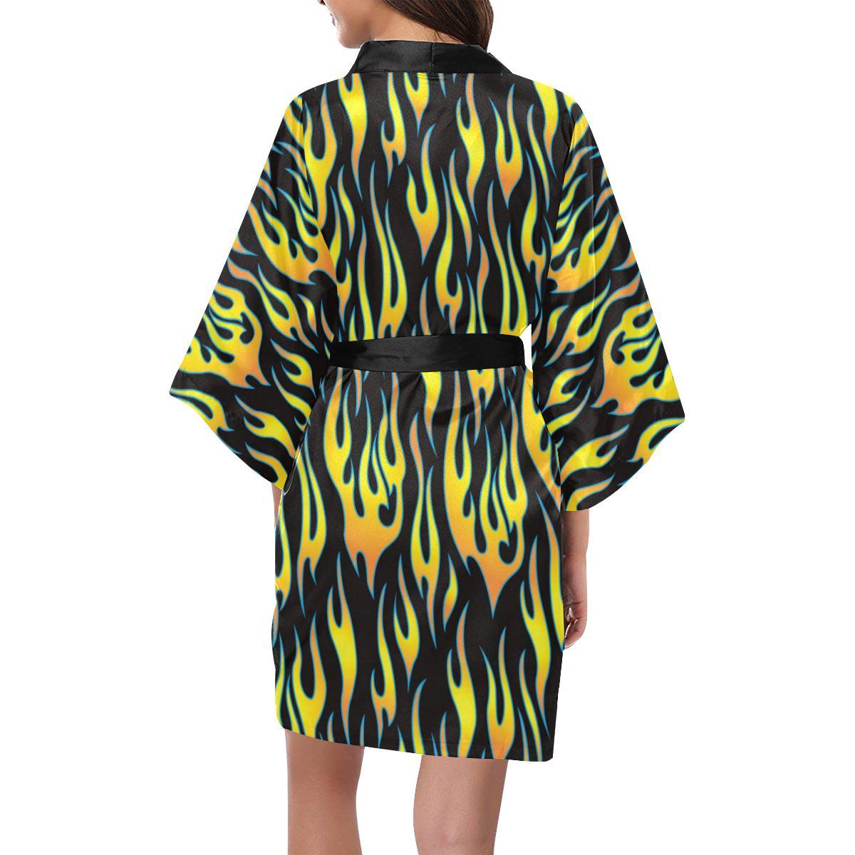 Flame Fire Yellow Pattern Women Short Kimono Robe
