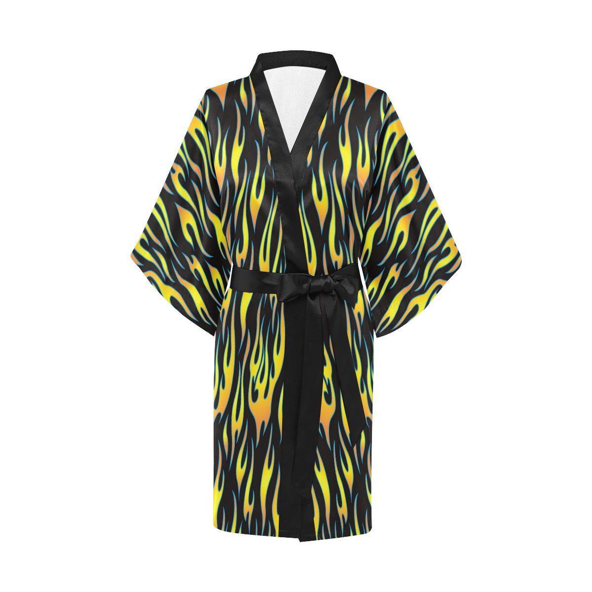 Flame Fire Yellow Pattern Women Short Kimono Robe