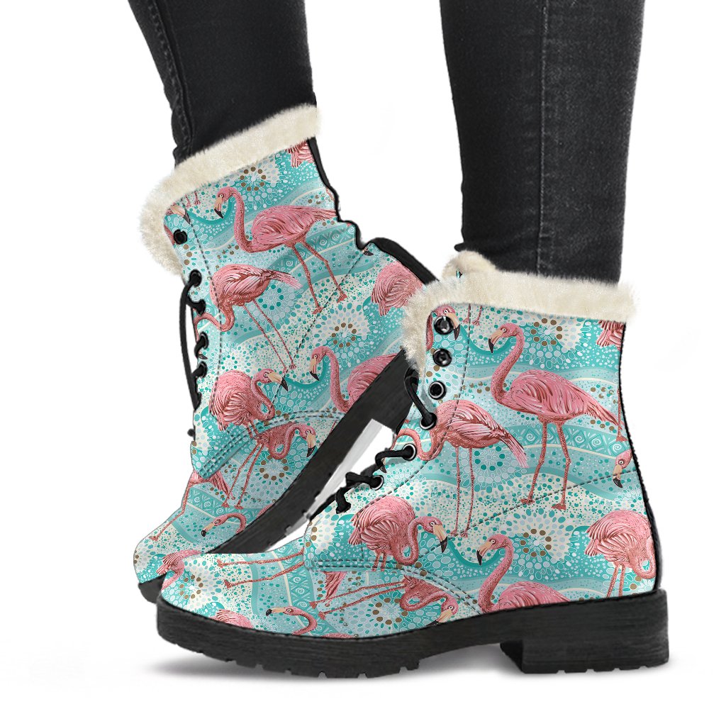 Flamingo Background Themed Print Faux Fur Leather Boots-JTAMIGO.COM