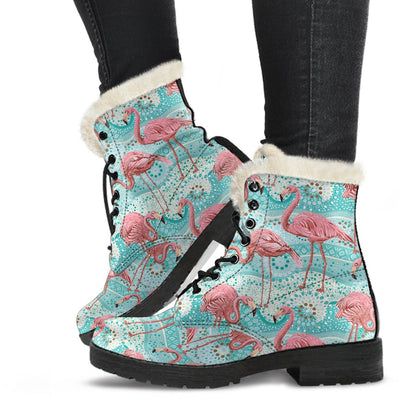 Flamingo Background Themed Print Faux Fur Leather Boots-JTAMIGO.COM