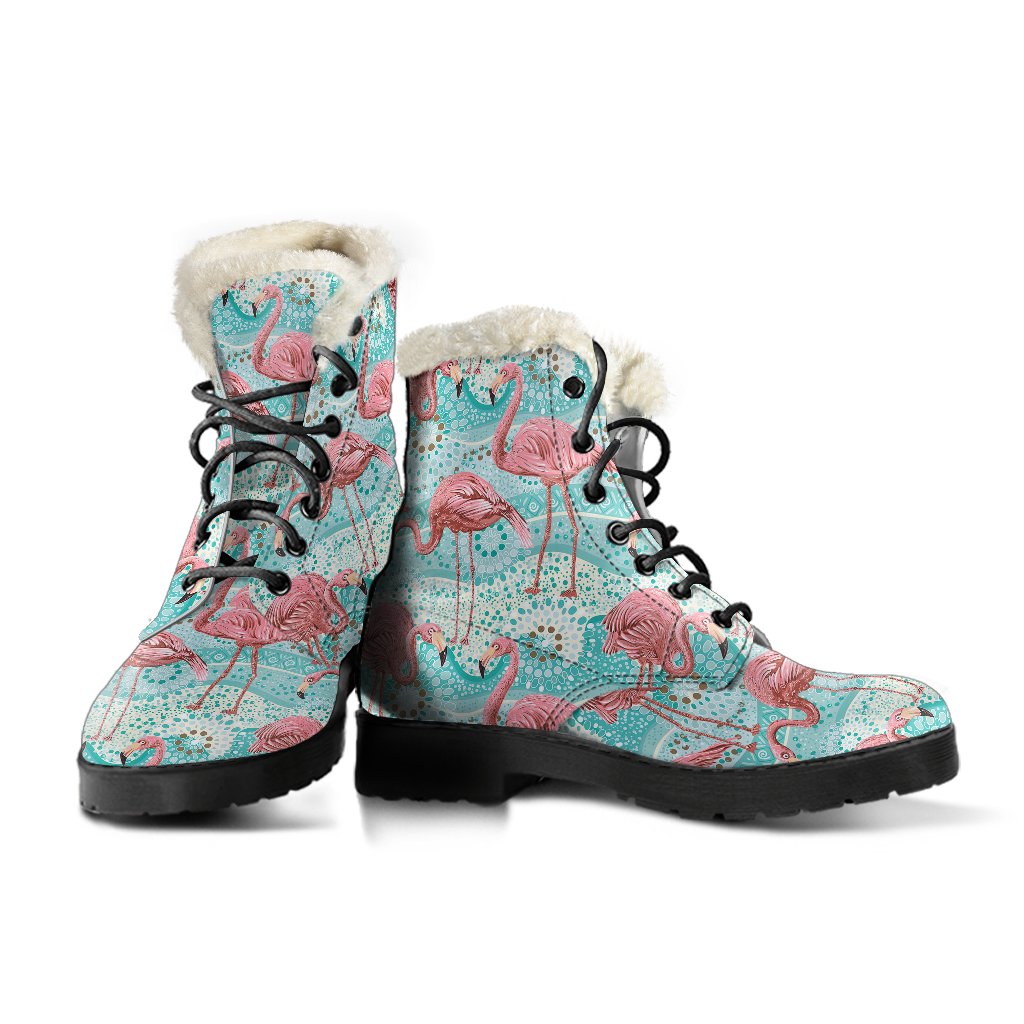 Flamingo Background Themed Print Faux Fur Leather Boots-JTAMIGO.COM