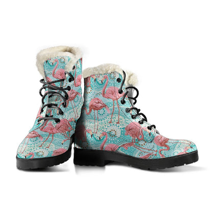 Flamingo Background Themed Print Faux Fur Leather Boots-JTAMIGO.COM