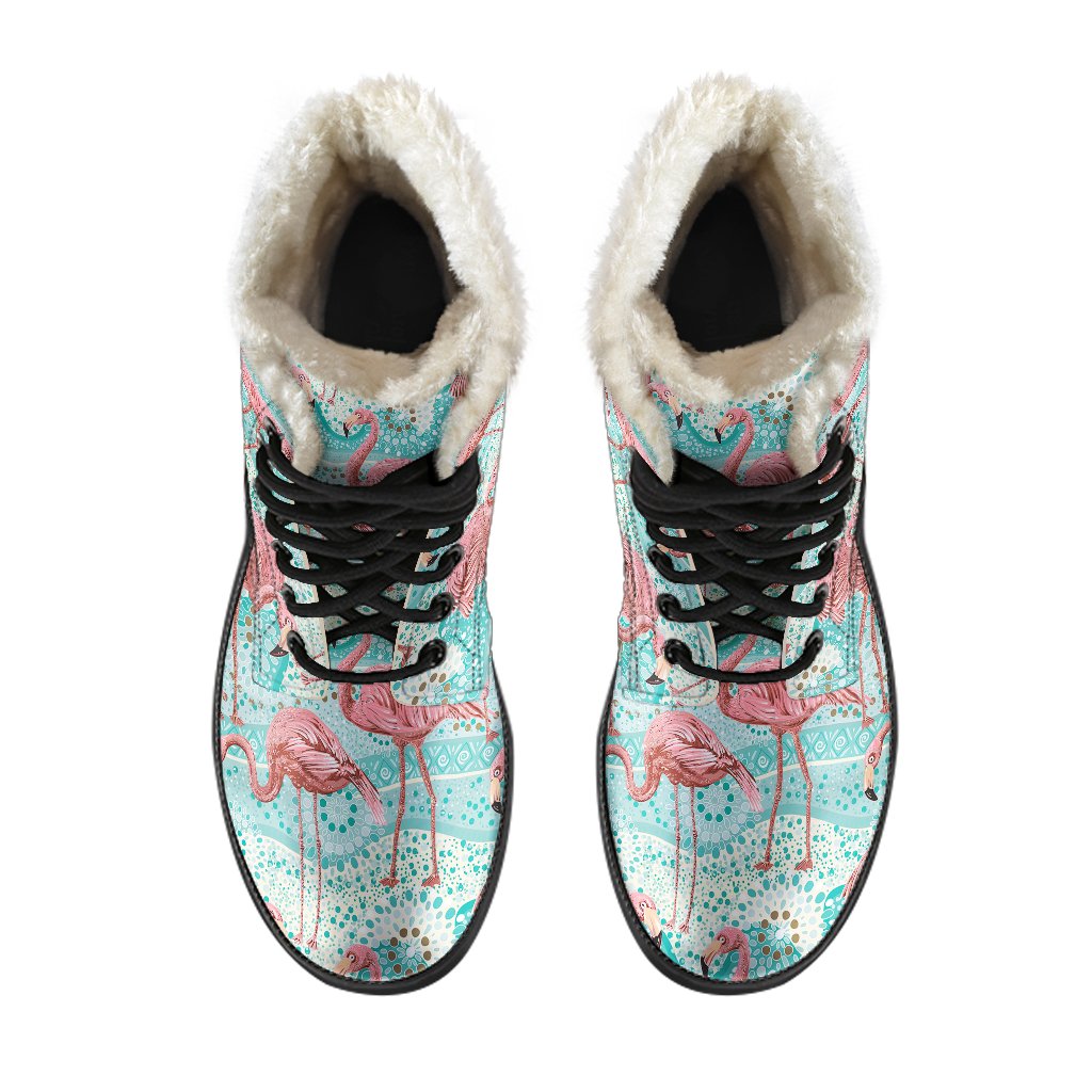Flamingo Background Themed Print Faux Fur Leather Boots-JTAMIGO.COM