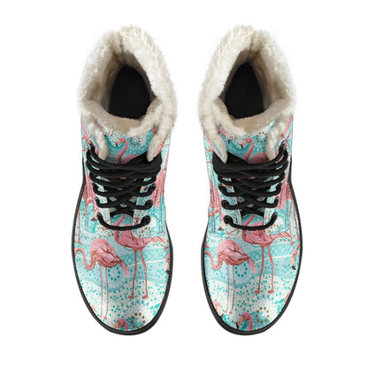 Flamingo Background Themed Print Faux Fur Leather Boots-JTAMIGO.COM