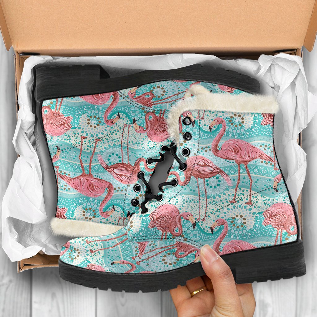 Flamingo Background Themed Print Faux Fur Leather Boots-JTAMIGO.COM
