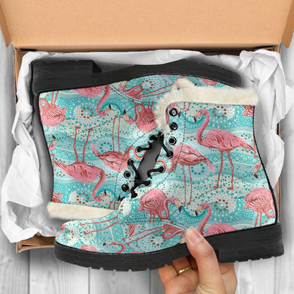 Flamingo Background Themed Print Faux Fur Leather Boots-JTAMIGO.COM