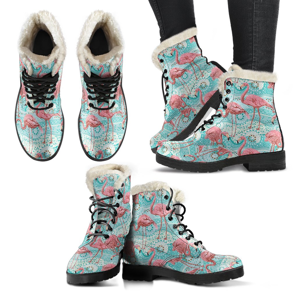 Flamingo Background Themed Print Faux Fur Leather Boots-JTAMIGO.COM