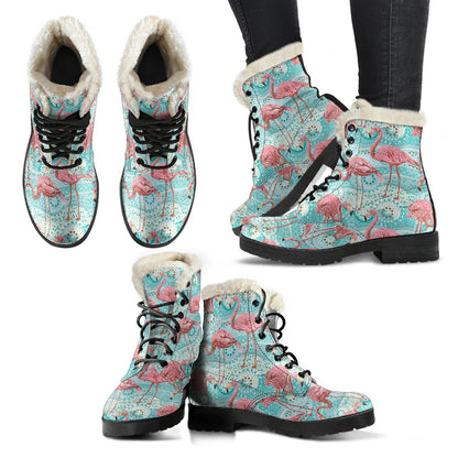 Flamingo Background Themed Print Faux Fur Leather Boots-JTAMIGO.COM