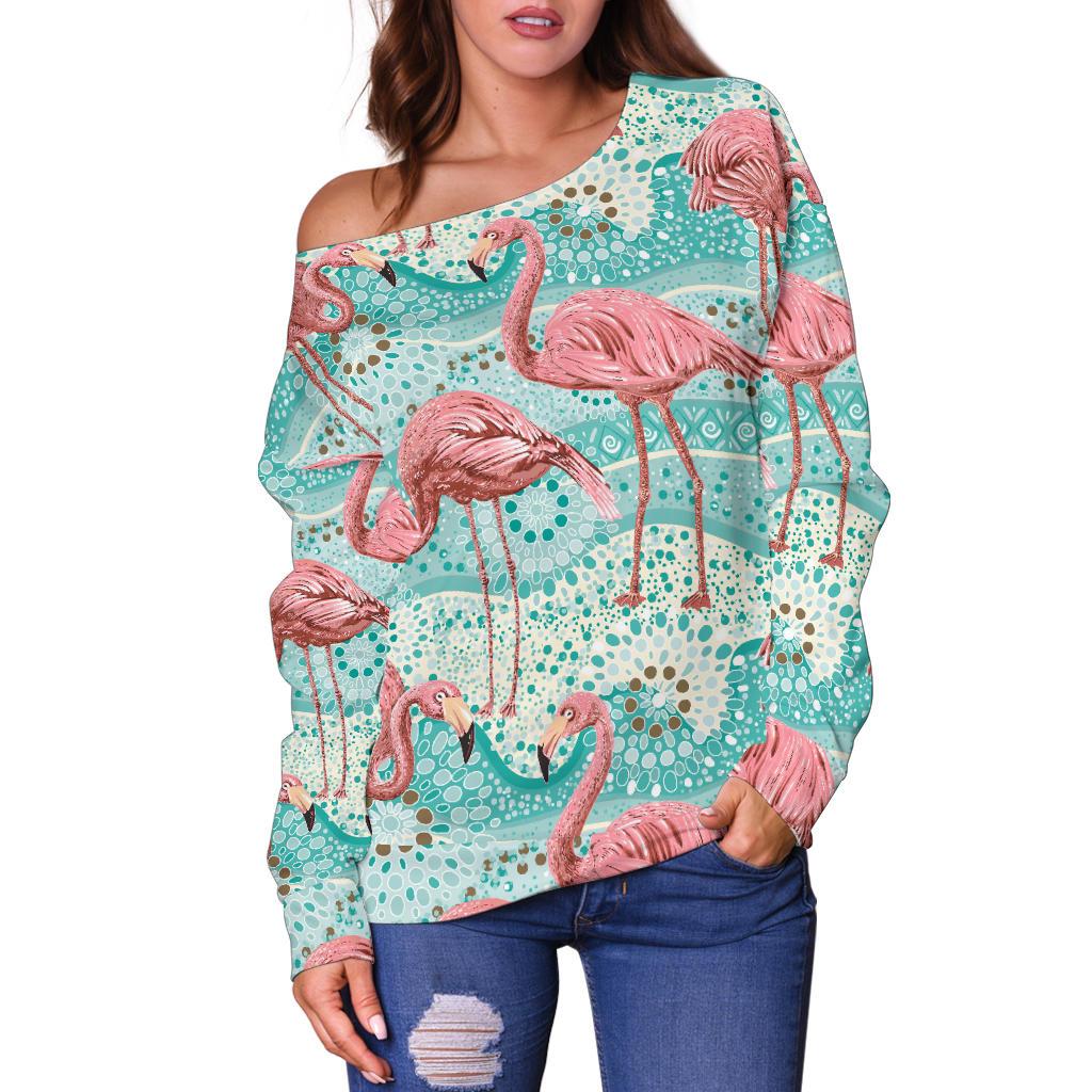 Flamingo Background Themed Print Off Shoulder Sweatshirt
