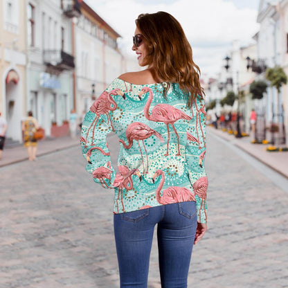 Flamingo Background Themed Print Off Shoulder Sweatshirt