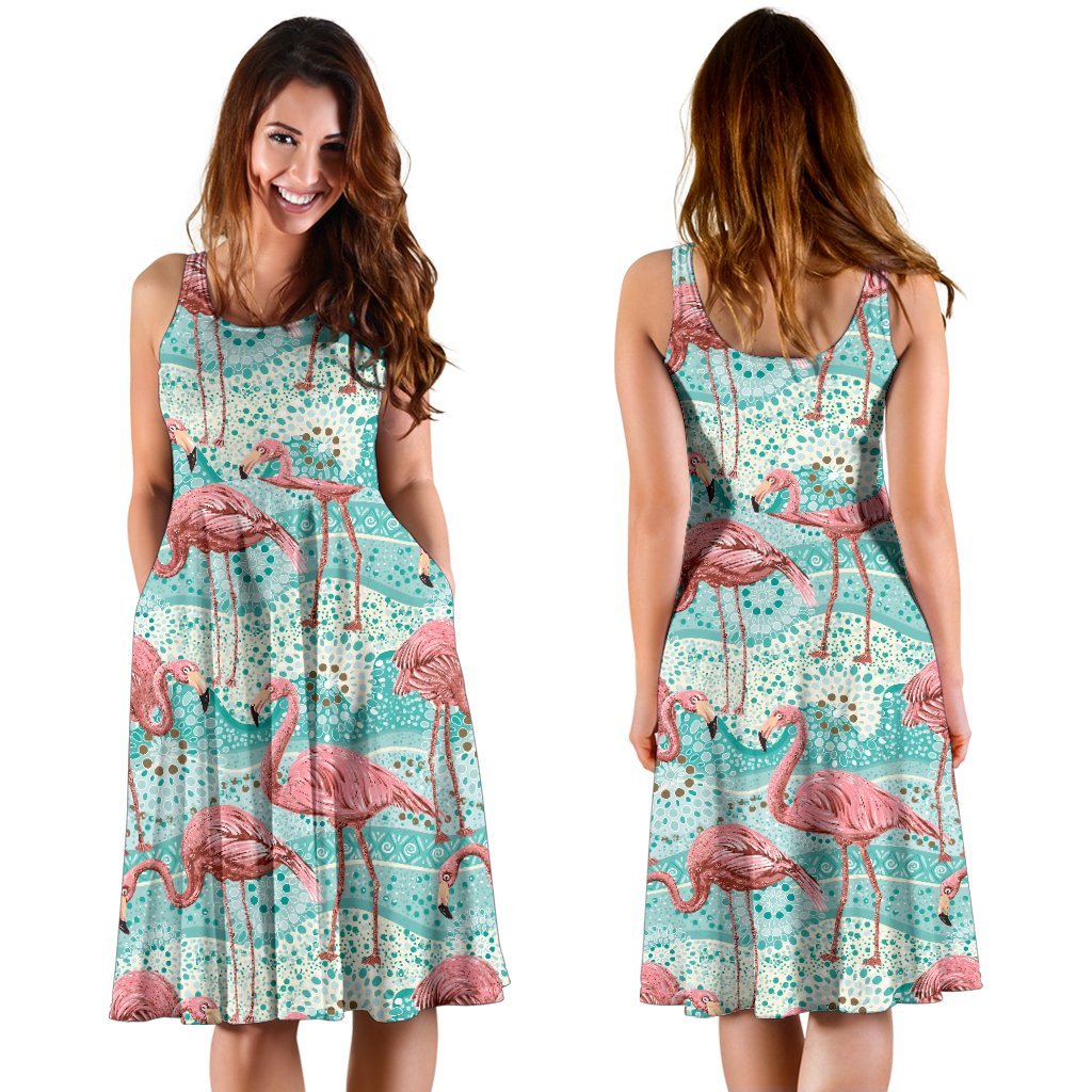 Flamingo Background Themed Print Sleeveless Dress